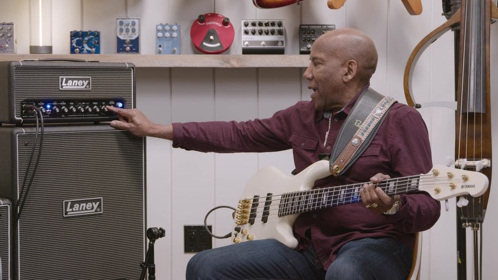 Nathan East with his Laney Signature Nathan East Digbeth bass amp head in AMS Studios