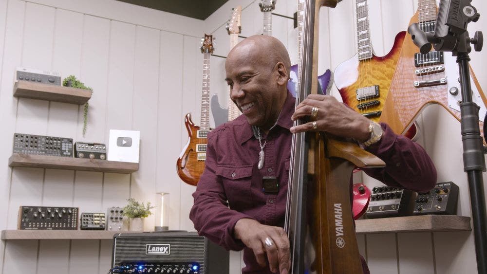 Nathan East playing upright bass with his signature Laney bass amp at American Musical Supply