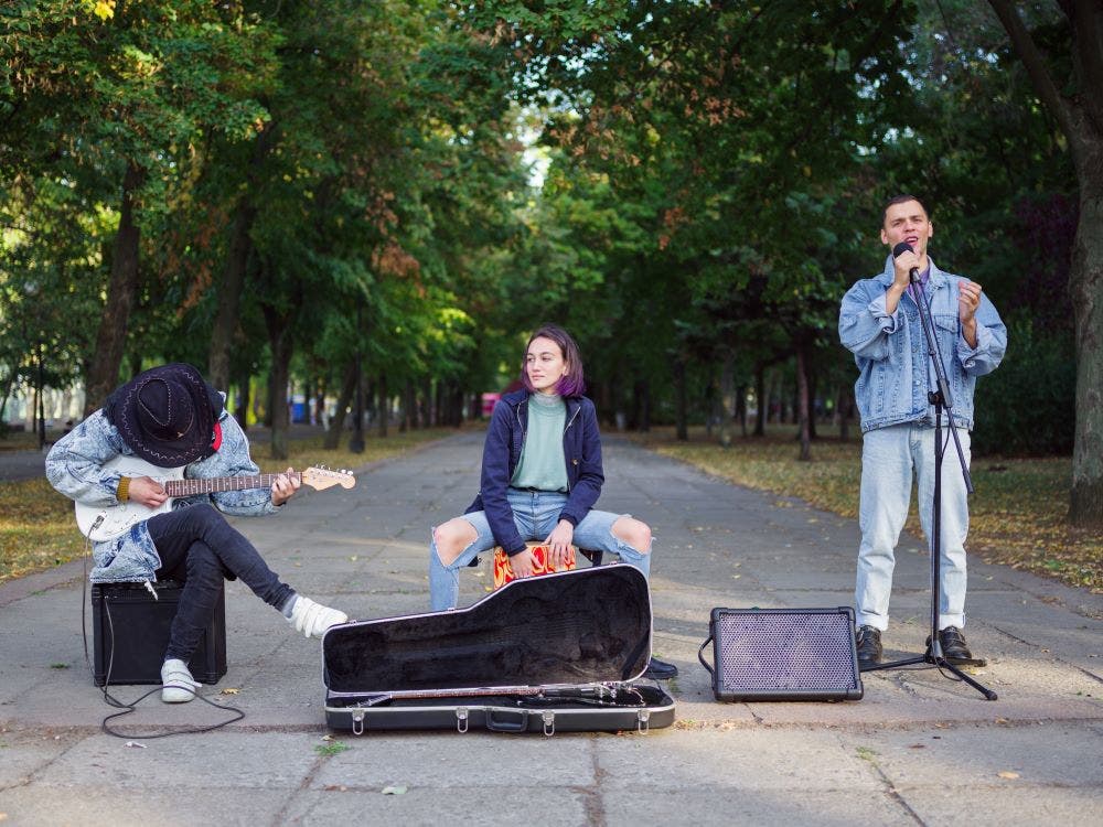 Musicians playing live for the first time in the street
