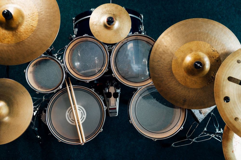 Acoustic drum set overhead shot