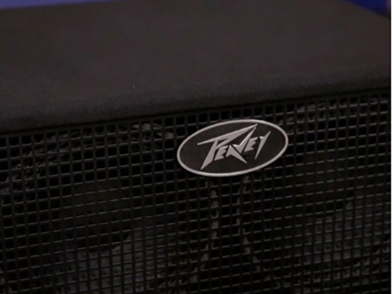 Close-up of Peavey guitar amp cabinet grille with brand logo badge