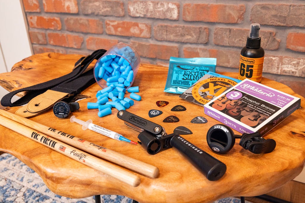 An assortment of musical accessories displayed on a table