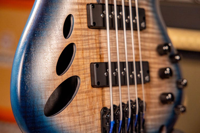 Closeup of an Ibanez bass