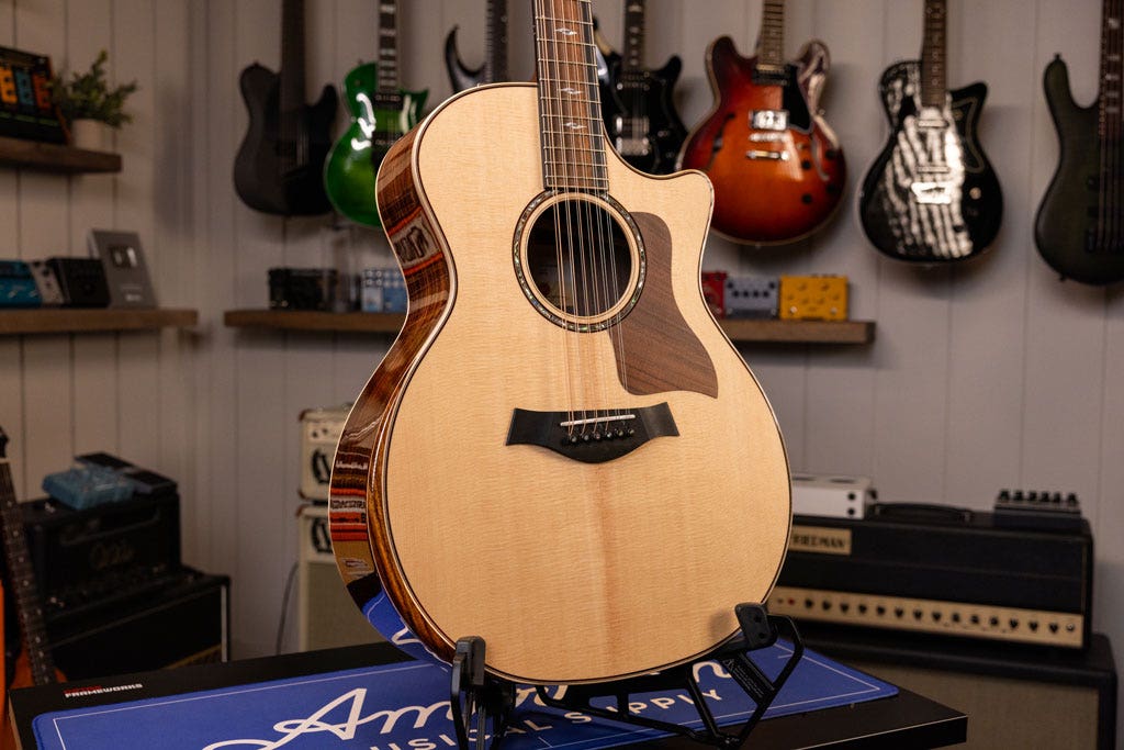 A 12 string acoustic guitar on display in the AMS studio