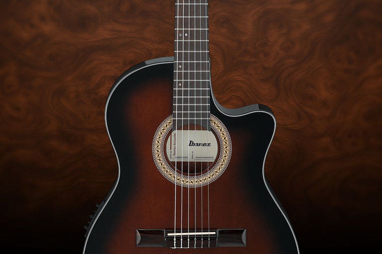 Closeup of an Ibanez thinline acoustic guitar