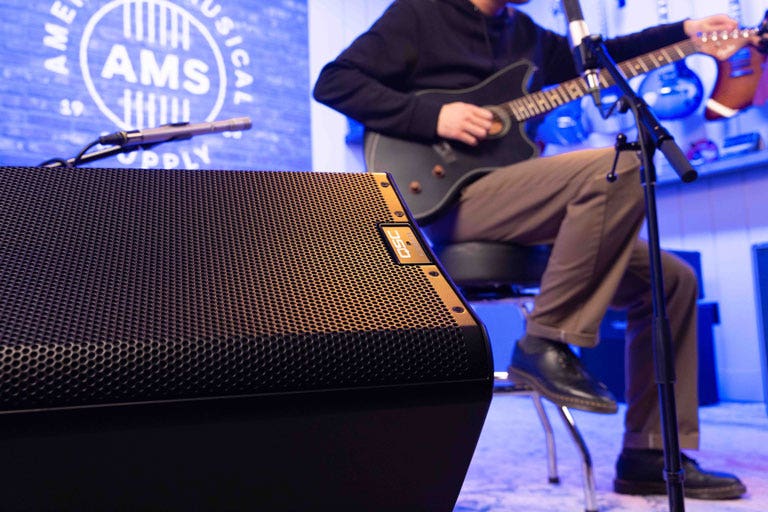 Closeup of a QSC K12.2 active loudspeaker.