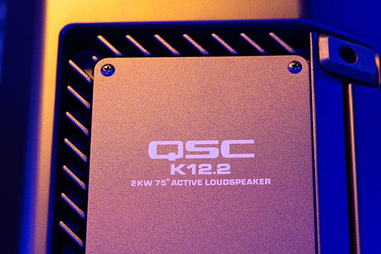 Closeup of a QSC K12.2 active loudspeaker.