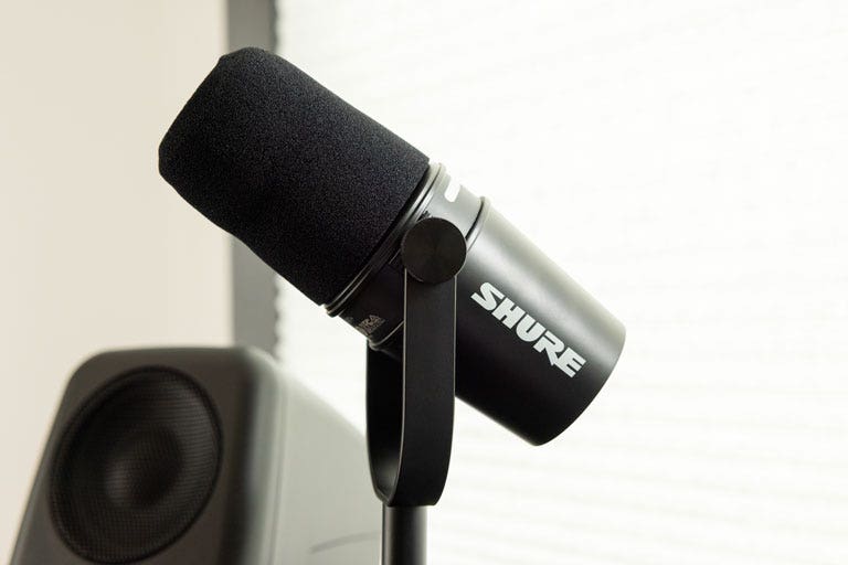 Closeup of a Shure broadcast microphone