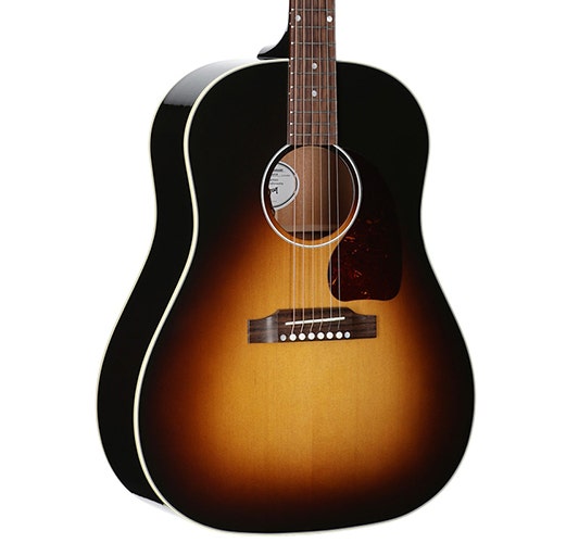 Gibson J-45 sunburst acoustic guitar body close-up
