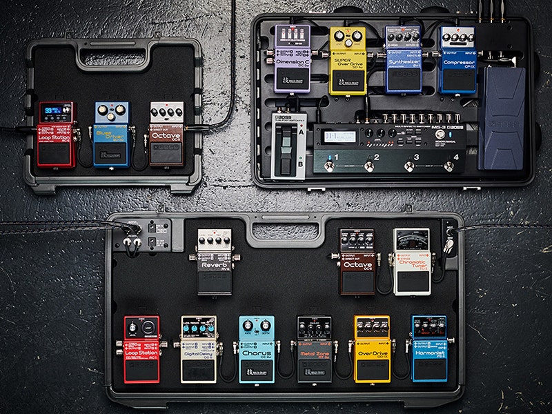 Three sizes of Boss pedalboards with three, six, and nine effects pedals, respectively.