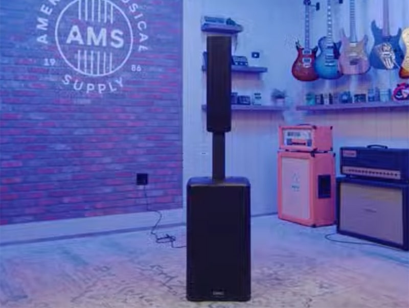Portable PA speaker setup in a music store with guitars and amplifiers.