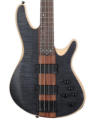 Close-up flamed maple Schecter five-string bass body