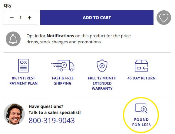 Screenshot showing the location of the Found For Less functionality on product pages
